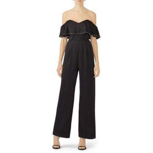 Delvin Pants - DELVIN Black Off Shoulder Silver Trimmed Detail Ruffle Pocket Jumpsuit size 8